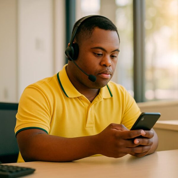 Homem com trissomia 21 usando headset e camisa amarela, sentado em uma mesa enquanto olha para o celular em um ambiente corporativo iluminado. (Imagem gerada por IA)