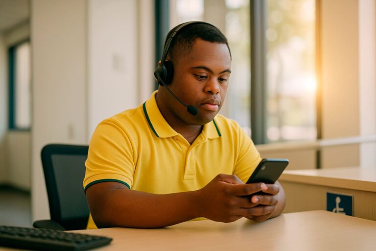 Homem com trissomia 21 usando headset e camisa amarela, sentado em uma mesa enquanto olha para o celular em um ambiente corporativo iluminado. (Imagem gerada por IA)