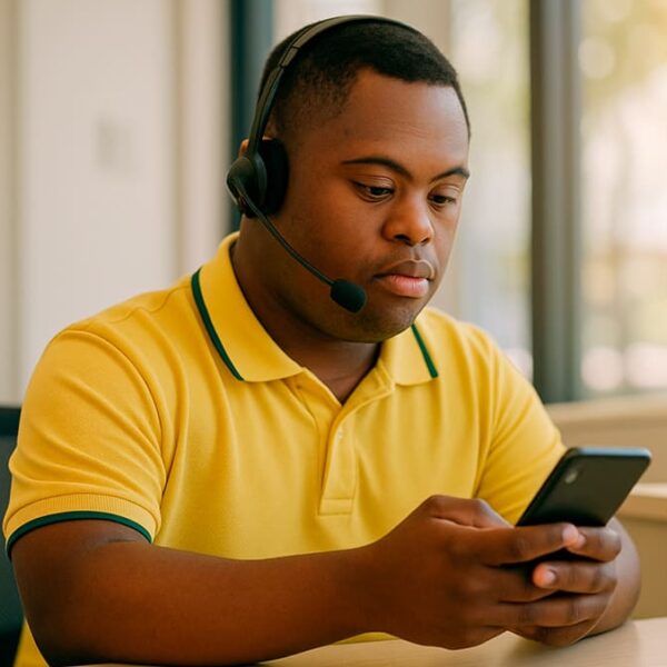 Homem com trissomia 21 usando headset e camisa amarela, sentado em uma mesa enquanto olha para o celular em um ambiente corporativo iluminado. (Imagem gerada por IA)