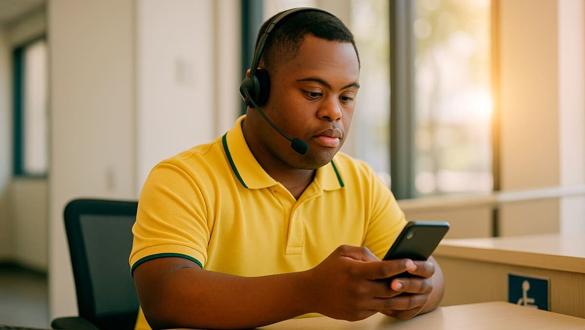 Homem com trissomia 21 usando headset e camisa amarela, sentado em uma mesa enquanto olha para o celular em um ambiente corporativo iluminado. (Imagem gerada por IA)