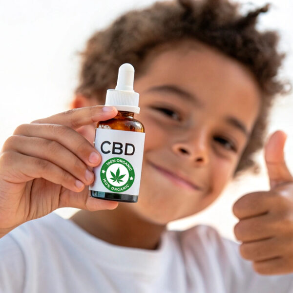 Criança sorridente segura um frasco de óleo de CBD rotulado como "100% orgânico" e faz sinal de positivo com o polegar. (Créditos: Imagem Gerada por IA)