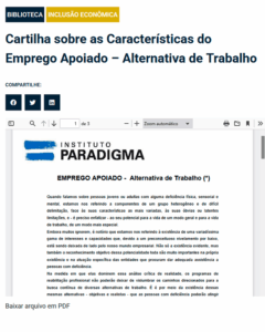 Página da cartilha "Emprego Apoiado – Alternativa de Trabalho", do Instituto Paradigma, exibida na biblioteca digital com destaque para inclusão econômica.