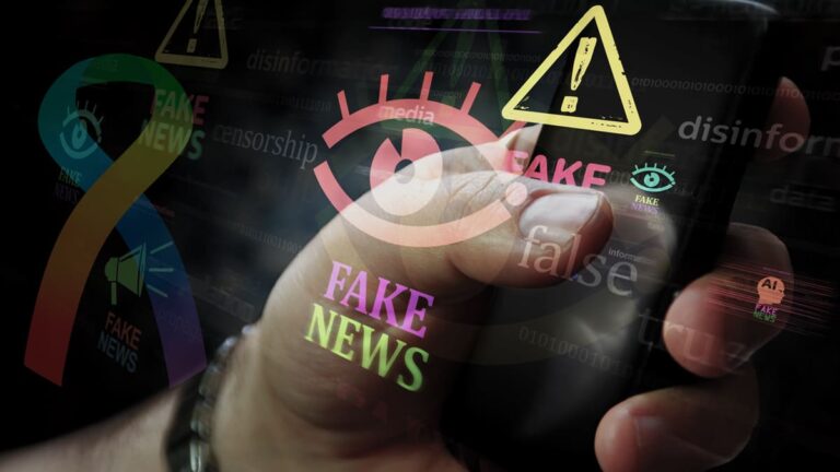 Mão segurando celular com alertas de fake news, desinformação e censura sobrepostos na tela, representando propagação de notícias falsas e desinformação sobre autismo no Brasil. (Créditos: Depositphotos)