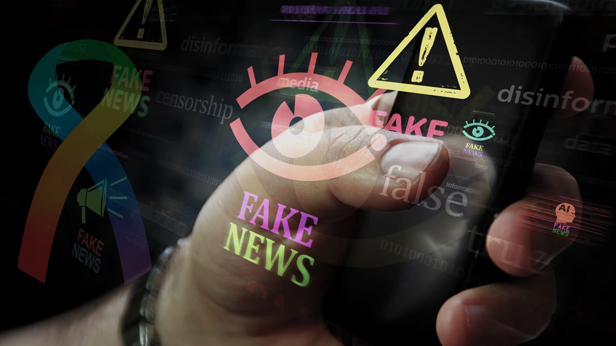 Mão segurando celular com alertas de fake news, desinformação e censura sobrepostos na tela, representando propagação de notícias falsas e desinformação sobre autismo no Brasil. (Créditos: Depositphotos)