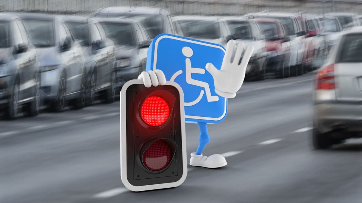 Ilustração de um símbolo de acessibilidade com braços e pernas, segurando um semáforo vermelho e fazendo sinal de pare com a mão, com fundo de avenida cheia de carros em movimento. (Foto: Depositphotos)