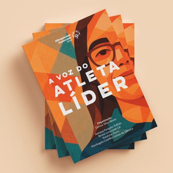 Capa do livro "A Voz do Atleta Líder" com arte geométrica colorida e rosto estilizado de uma pessoa com óculos, publicado pelas Olimpíadas Especiais Brasil. (Créditos: Divulgação)