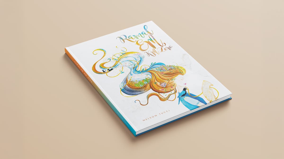 Capa do livro "Ramal EM Kilometro Zero" de Nelson Tucci com ilustração de uma mulher cujos cabelos se transformam em paisagens urbanas e naturais. (Créditos: Divulgação)