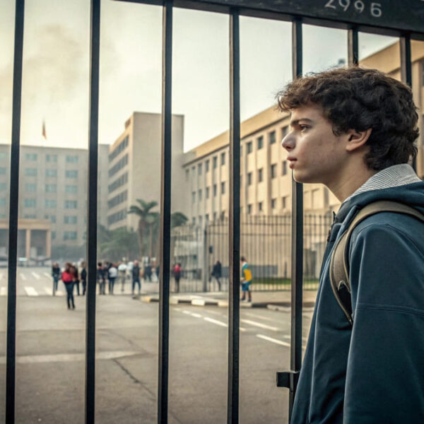 Jovem com mochila observa através do portão de um prédio institucional, enquanto um grupo de pessoas se reúne próximo à entrada principal. (Imagem: Gerada por IA)