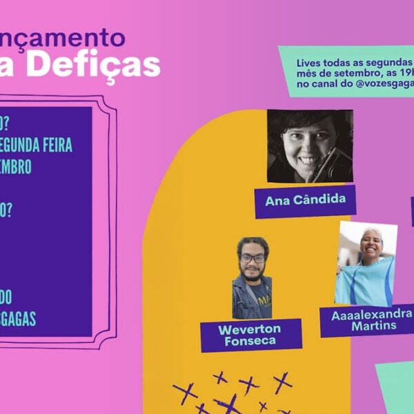 Card de divulgação das lives de lançamento da Revista Defiças, com informações de data e horário e fotos de Ana Cândida, Ana do Vale, Weverton Fonseca, Aaaalexandra Martins e Prisca Rosa. (Créditos: Divulgação)