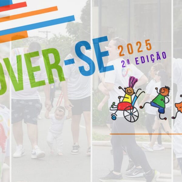 Banner do evento Mover-se 2025 2ª edição, com foto de participantes da caminhada inclusiva sobreposta por ilustrações de crianças diversas. (Créditos: Edição)