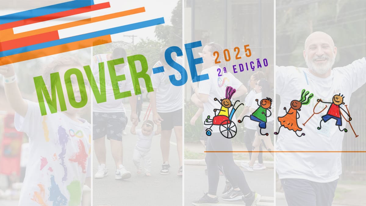 Banner do evento Mover-se 2025 2ª edição, com foto de participantes da caminhada inclusiva sobreposta por ilustrações de crianças diversas. (Créditos: Edição)