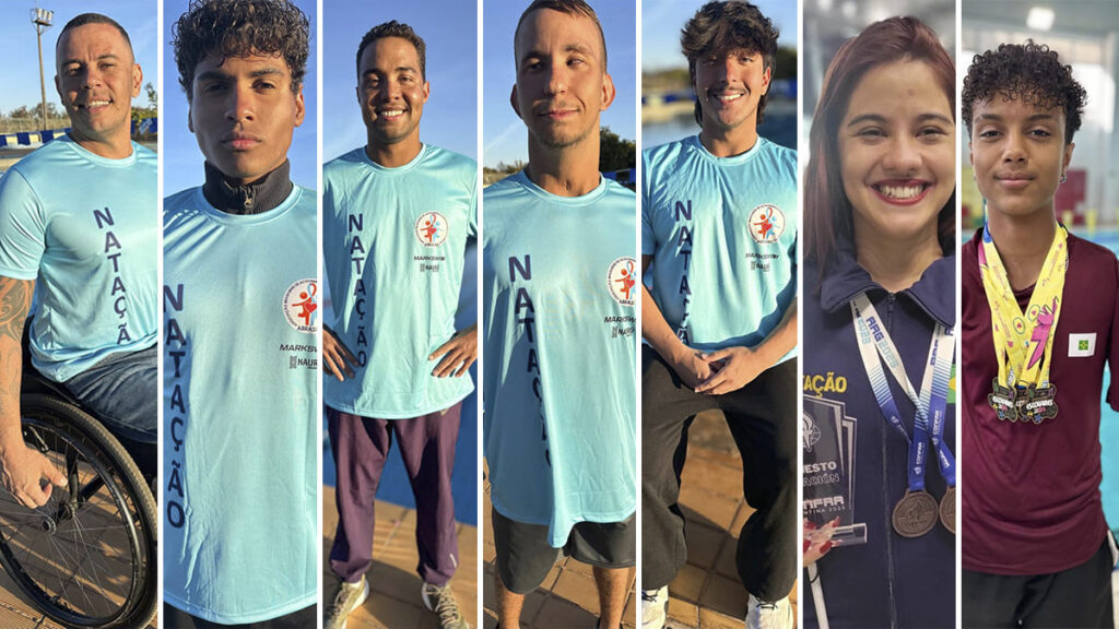 Montagem com sete atletas de natação do Nauru DF sorrindo para a câmera, incluindo homens e mulheres com algum tipo de deficiência. (Foto: Divulgação)
