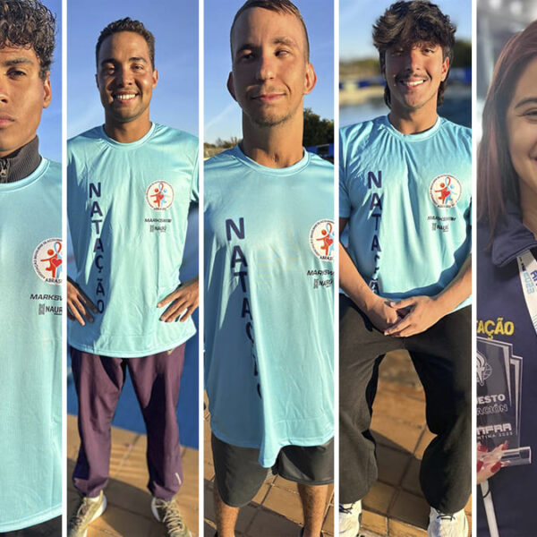 Montagem com sete atletas de natação do Nauru DF sorrindo para a câmera, incluindo homens e mulheres com algum tipo de deficiência. (Foto: Divulgação)