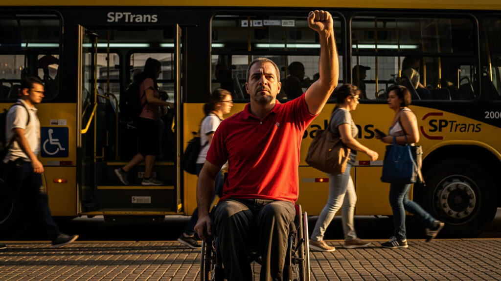 Homem em cadeira de rodas ergue o punho em frente a ônibus amarelo, simbolizando luta por acessibilidade. (Imagem: Gerada por IA)