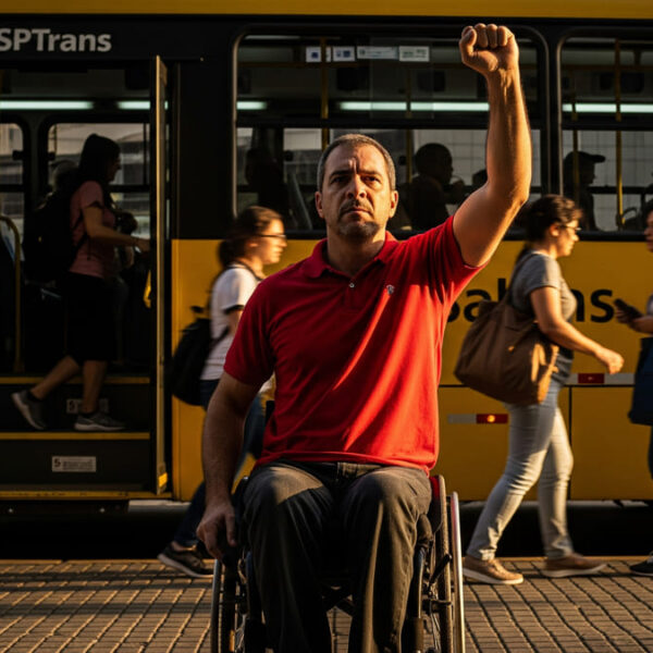 Homem em cadeira de rodas ergue o punho em frente a ônibus amarelo, simbolizando luta por acessibilidade. (Imagem: Gerada por IA)