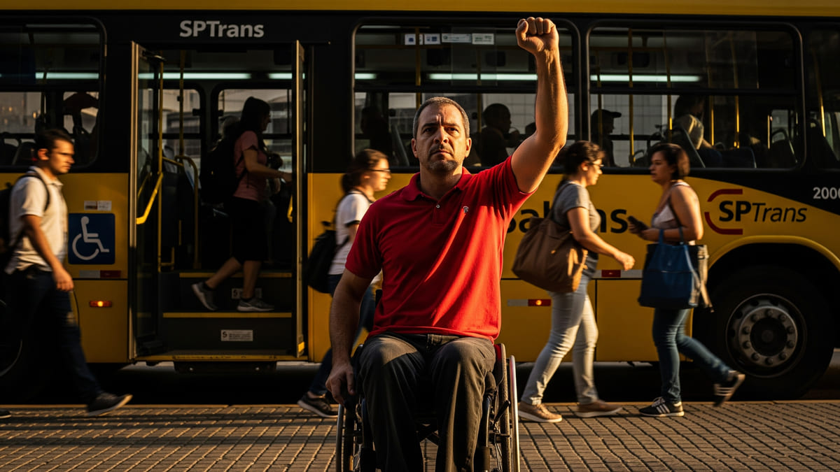 Homem em cadeira de rodas ergue o punho em frente a ônibus amarelo, simbolizando luta por acessibilidade. (Imagem: Gerada por IA)