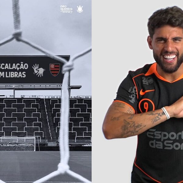 Montagem com duas fotos. À esquerda, o placar da Neo Química Arena exibe o texto "Escalação em Libras". À direita, o jogador do Corinthians, Yuri Alberto, sorri e faz um gesto de coração com as mãos sobre o escudo do time. (Foto: Reprodução)