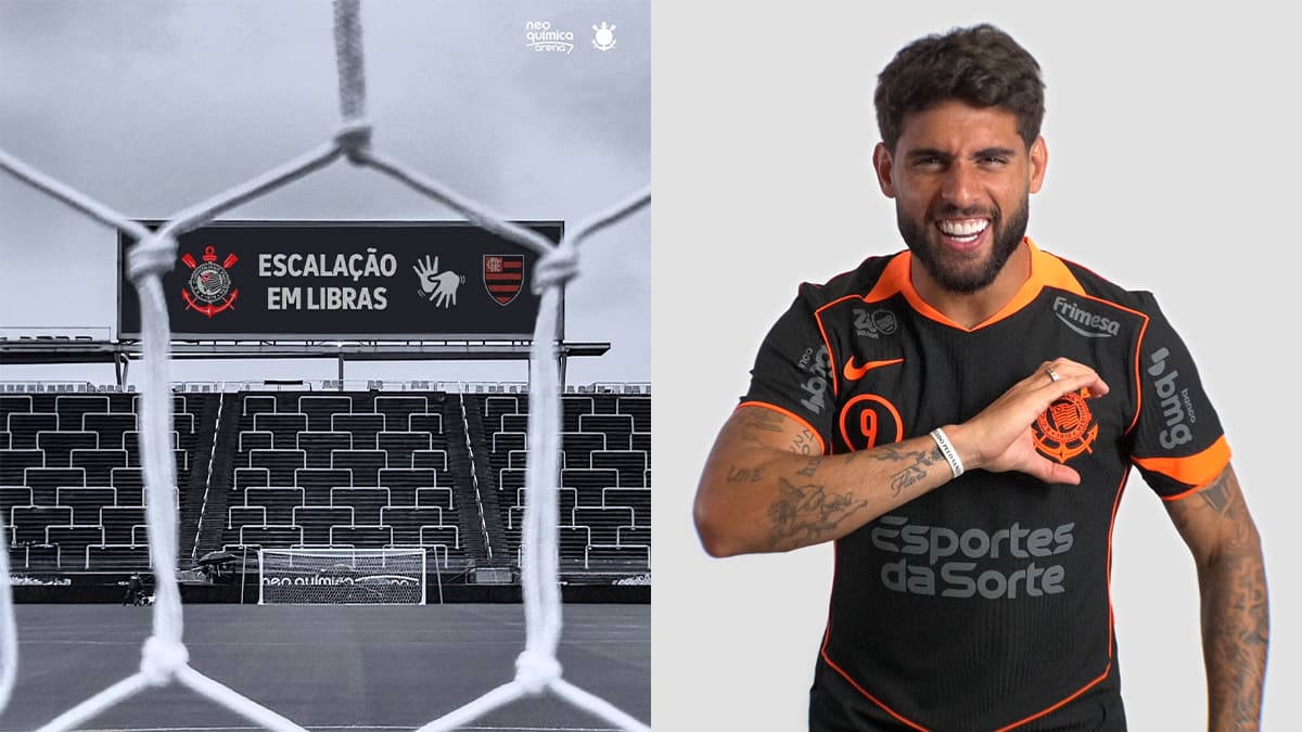 Montagem com duas fotos. À esquerda, o placar da Neo Química Arena exibe o texto "Escalação em Libras". À direita, o jogador do Corinthians, Yuri Alberto, sorri e faz um gesto de coração com as mãos sobre o escudo do time. (Foto: Reprodução)