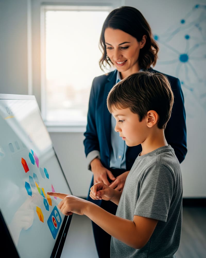 Menino interage com uma tela tátil sob o olhar de uma pesquisadora, em um cenário que representa estudos de diagnóstico e intervenção.