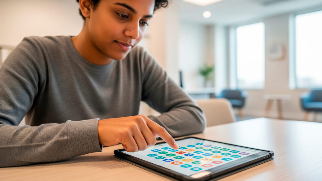 Jovem pessoa negra interage com um tablet, tocando na tela com ícones coloridos de um aplicativo de comunicação. (Foto: Gerada por IA)