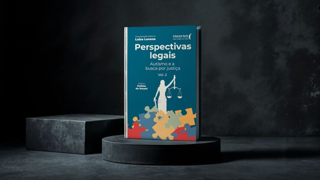Capa do livro 'Perspectivas legais: Autismo e a busca por justiça Vol. 2', exibido em um pedestal escuro com fundo texturizado. (Foto: Divulgação)