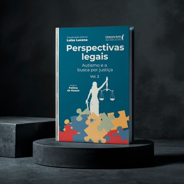 Capa do livro 'Perspectivas legais: Autismo e a busca por justiça Vol. 2', exibido em um pedestal escuro com fundo texturizado. (Foto: Divulgação)