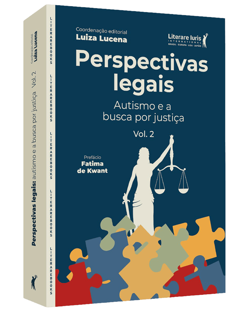 Capa do livro "Perspectivas Legais Vol. 2", com a figura da Justiça sobre peças de quebra-cabeça coloridas, símbolo do autismo.