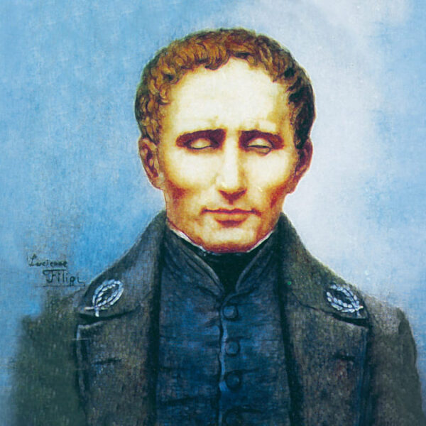 Retrato colorido de Louis Braille registrado no século XIX.