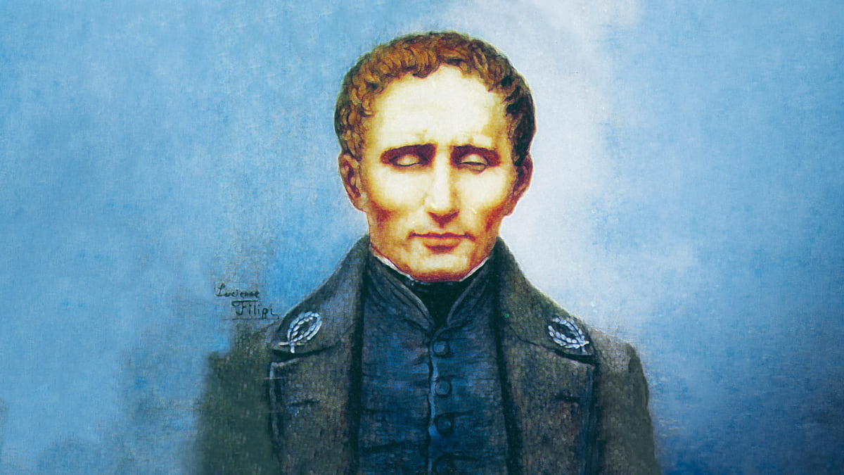 Retrato colorido de Louis Braille registrado no século XIX.