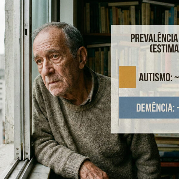 Idoso pensativo olha pela janela. Gráfico sobrepõe estimativa da geração invisível no Brasil: Autismo (300 mil) vs Demência (2,5 milhões).