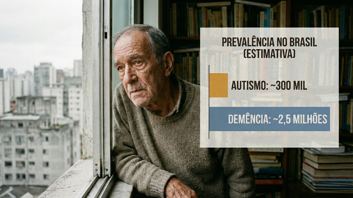 Idoso pensativo olha pela janela. Gráfico sobrepõe estimativa da geração invisível no Brasil: Autismo (300 mil) vs Demência (2,5 milhões).
