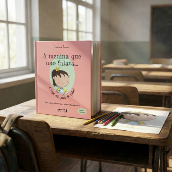 Mutismo seletivo: Capa do livro 'A menina que não falava...' sobre uma carteira escolar de madeira, ao lado de lápis de cor e um desenho da personagem.