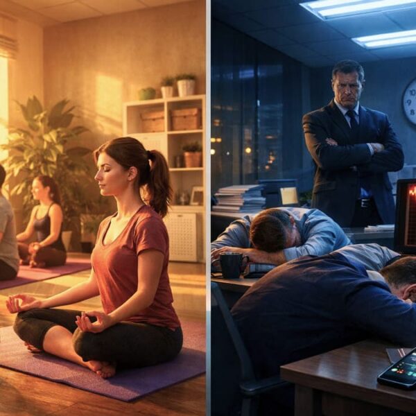 Imagem dividida: à esquerda, pessoas praticam yoga em sala ensolarada; à direita, chefe vigia funcionários exaustos em escritório escuro. Ilustra conceito de wellness washing.