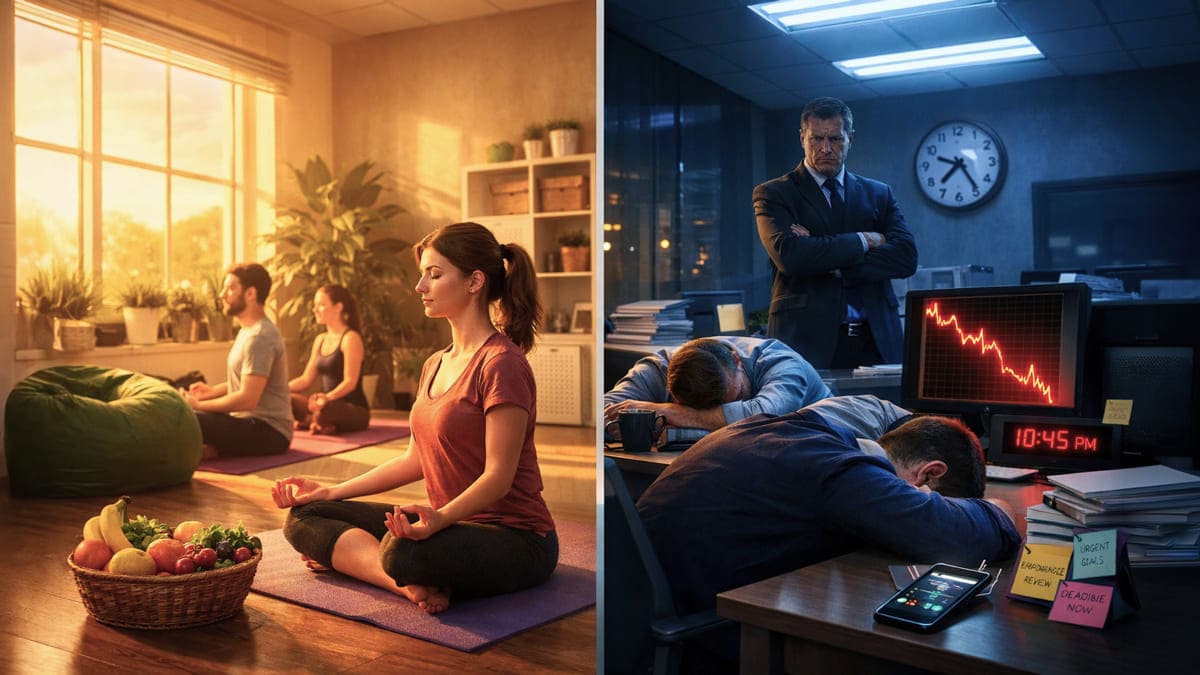Imagem dividida: à esquerda, pessoas praticam yoga em sala ensolarada; à direita, chefe vigia funcionários exaustos em escritório escuro. Ilustra conceito de wellness washing.