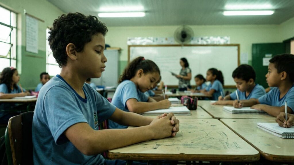 Aluno cego sentado imóvel com as mãos sobre a carteira vazia, enquanto colegas ao redor escrevem em seus cadernos.