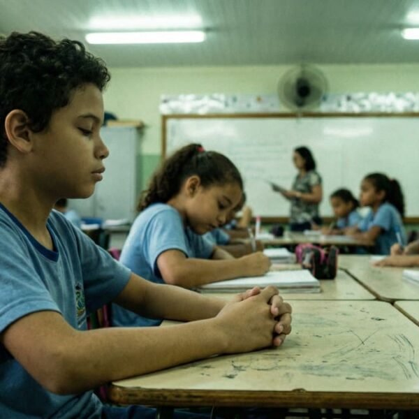 Aluno cego sentado imóvel com as mãos sobre a carteira vazia, enquanto colegas ao redor escrevem em seus cadernos.