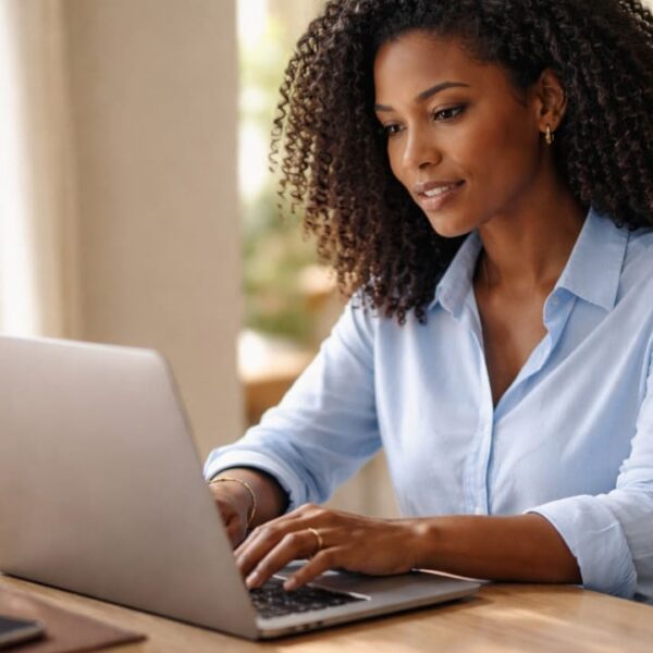 Mulher negra de cabelos crespos e camisa azul sorri enquanto digita em um notebook prateado sobre uma mesa de madeira.