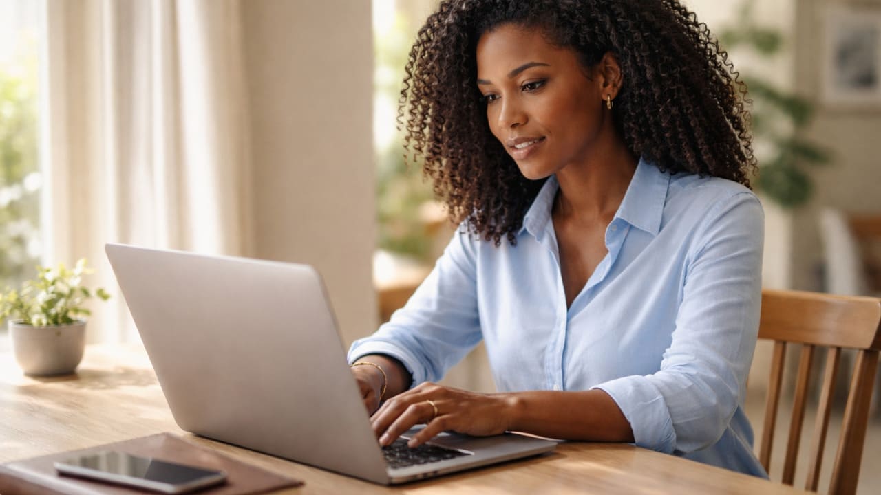 Mulher negra de cabelos crespos e camisa azul sorri enquanto digita em um notebook prateado sobre uma mesa de madeira.