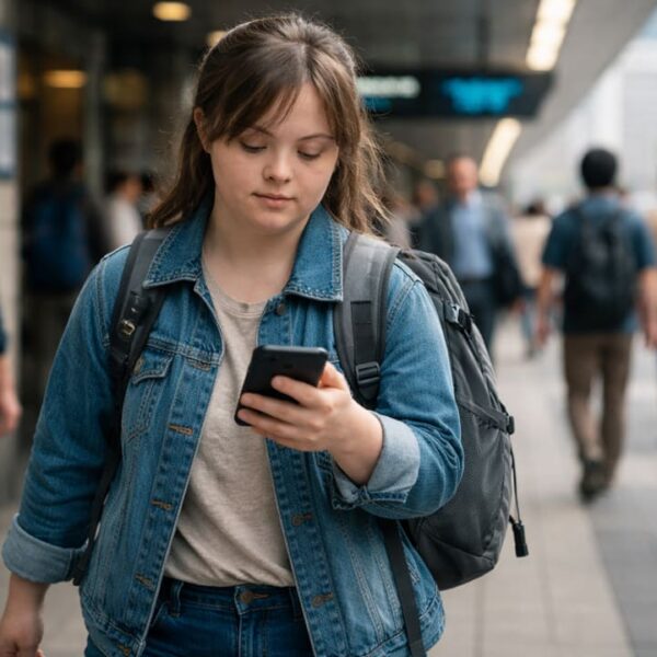 Jovem com Síndrome de Down caminha por uma calçada urbana movimentada enquanto utiliza um smartphone em sua mão direita.