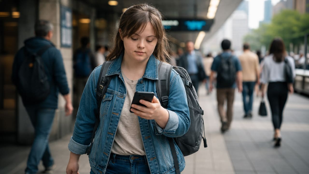 Jovem com Síndrome de Down caminha por uma calçada urbana movimentada enquanto utiliza um smartphone em sua mão direita.