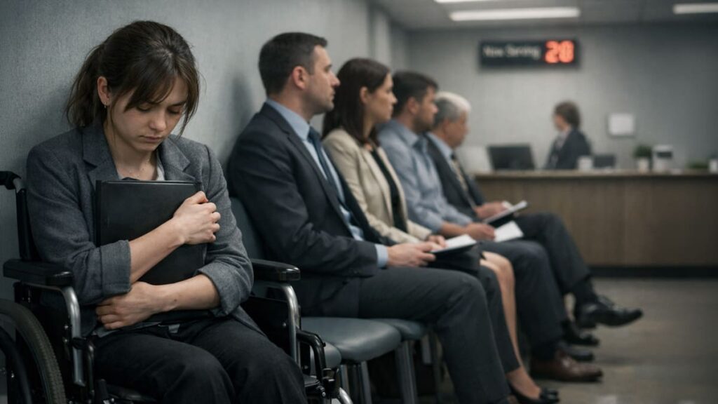 Mulher em cadeira de rodas, com olhar baixo, abraça uma pasta contra o peito em uma sala de espera com outros candidatos.