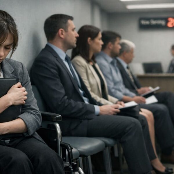 Mulher em cadeira de rodas, com olhar baixo, abraça uma pasta contra o peito em uma sala de espera com outros candidatos.