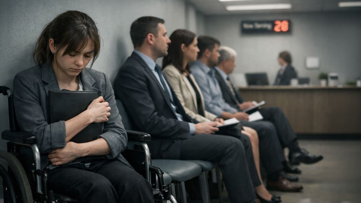 Mulher em cadeira de rodas, com olhar baixo, abraça uma pasta contra o peito em uma sala de espera com outros candidatos.