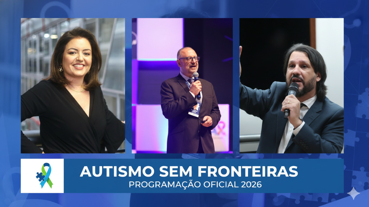 Banner Autismo Sem Fronteiras 2026 - Programação Oficial, com fotos de Andrea Werner, Carlos Gadia e Lucelmo Lacerda.