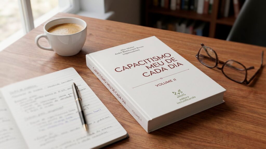O livro 'Capacitismo Meu de Cada Dia - Volume II' repousa sobre uma mesa de madeira, ao lado de um caderno de anotações, caneta, óculos e uma xícara de café.