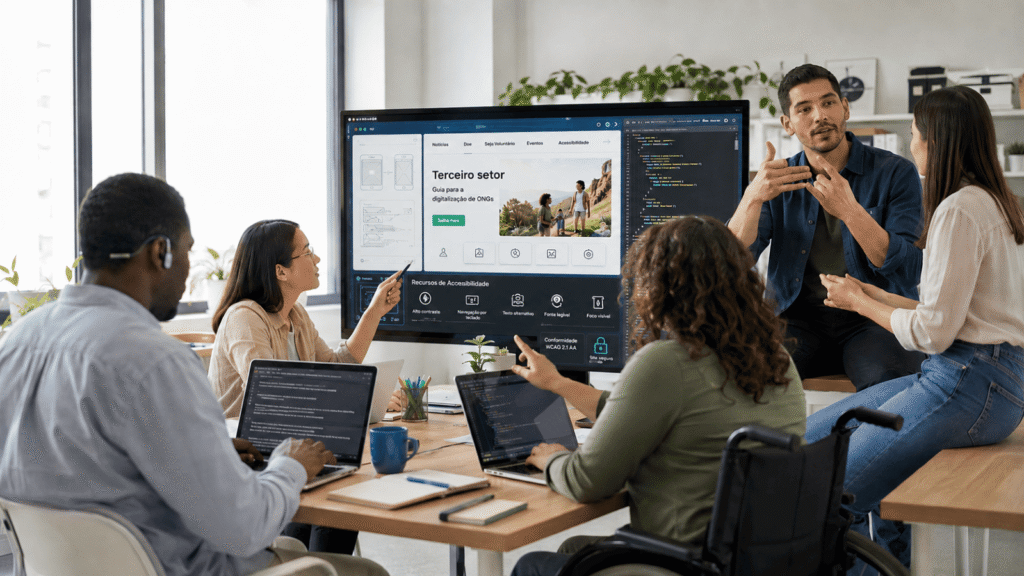 Equipe diversa, incluindo mulher em cadeira de rodas, projeta site sobre guia para a digitalização de ONGs e acessibilidade em um grande monitor.