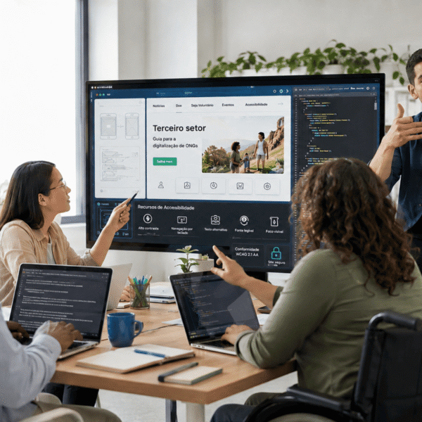 Equipe diversa, incluindo mulher em cadeira de rodas, projeta site sobre guia para a digitalização de ONGs e acessibilidade em um grande monitor.
