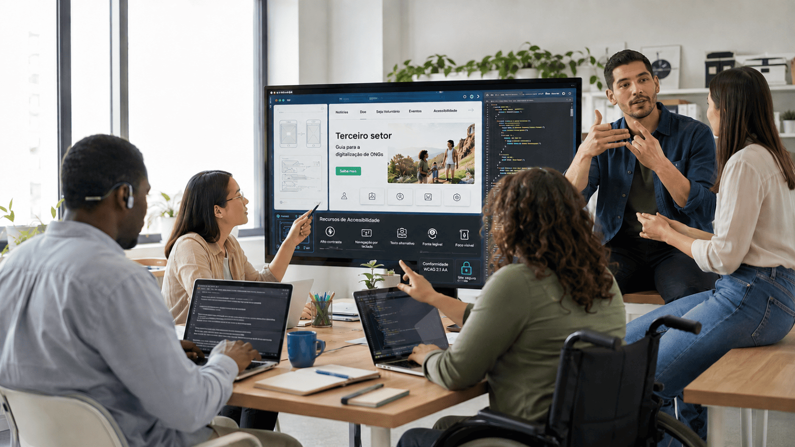 Equipe diversa, incluindo mulher em cadeira de rodas, projeta site sobre guia para a digitalização de ONGs e acessibilidade em um grande monitor.