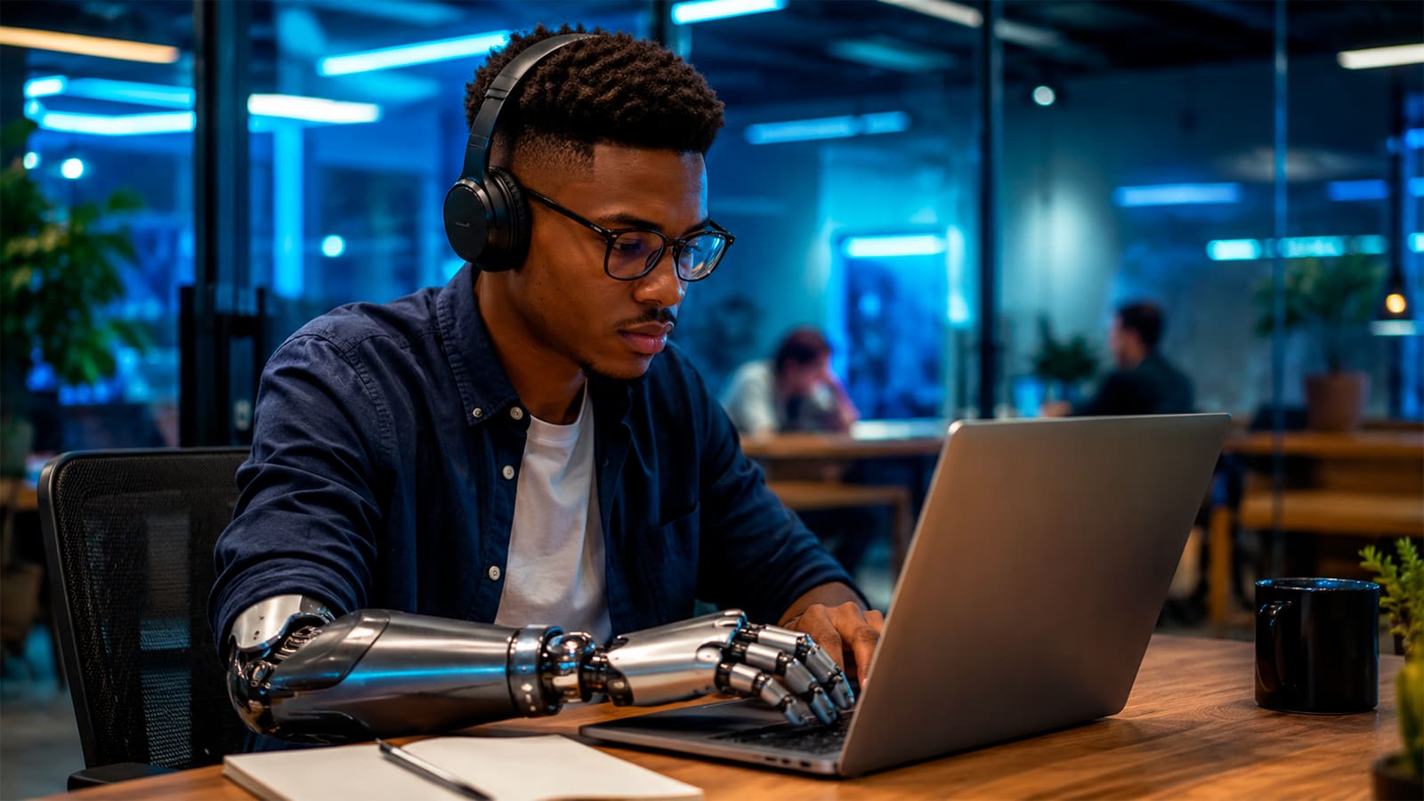 Jovem negro com prótese no braço direito digita em um notebook em um ambiente corporativo.