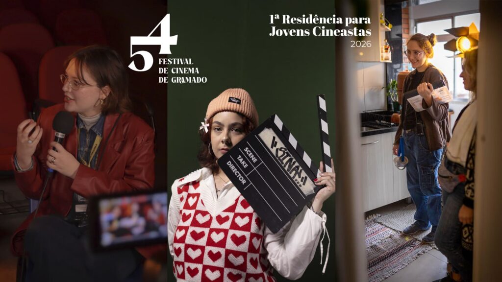 Banner da '1ª Residência para Jovens Cineastas 2026' do 54º Festival de Gramado, com fotos das três cineastas com deficiência Bella, Carolina e Diana.
